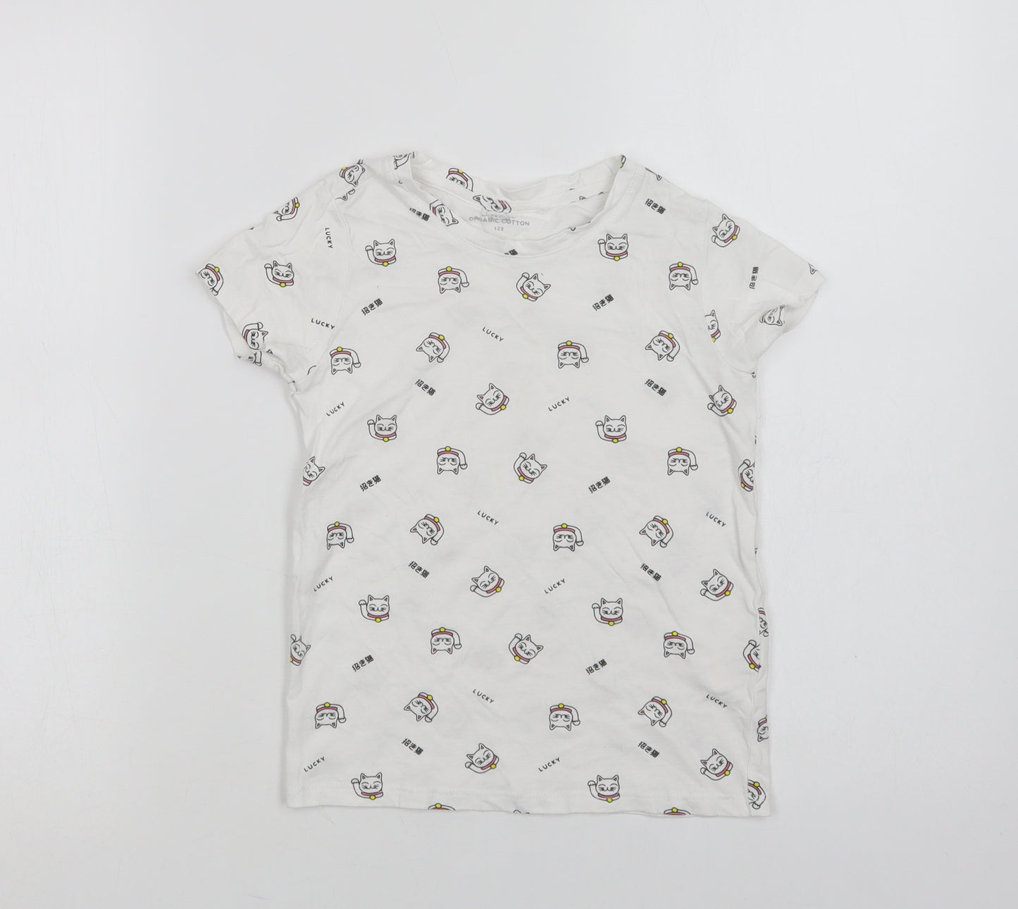 RESERVED Girls White Geometric Cotton Basic T-Shirt Size 6-7 Years Crew Neck  - Lucky Cat