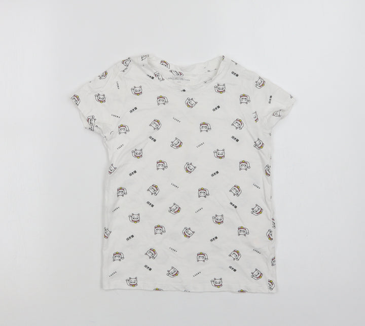 RESERVED Girls White Geometric Cotton Basic T-Shirt Size 6-7 Years Crew Neck  - Lucky Cat