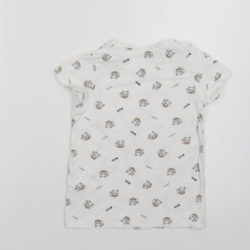 RESERVED Girls White Geometric Cotton Basic T-Shirt Size 6-7 Years Crew Neck  - Lucky Cat