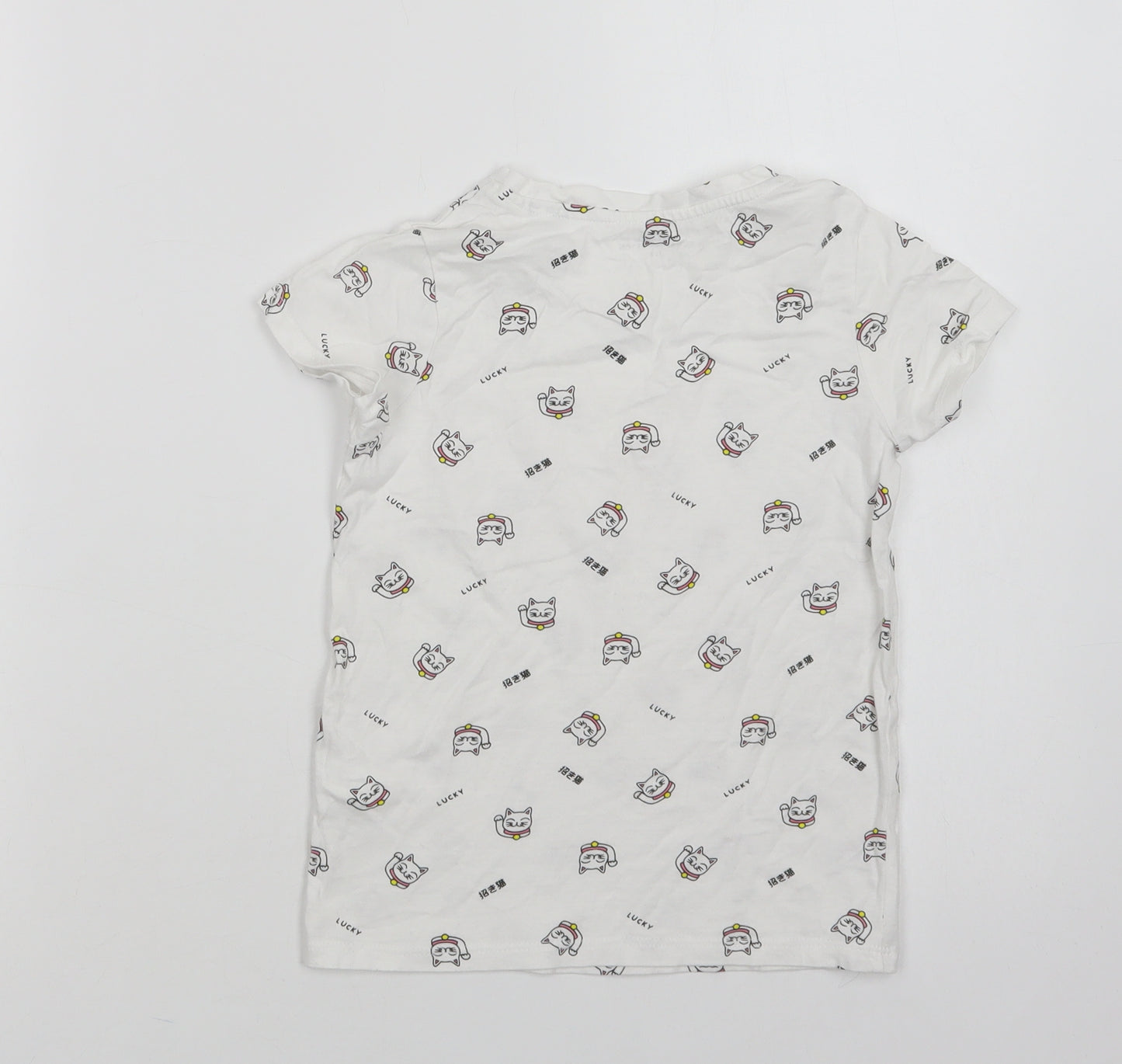 RESERVED Girls White Geometric Cotton Basic T-Shirt Size 6-7 Years Crew Neck  - Lucky Cat