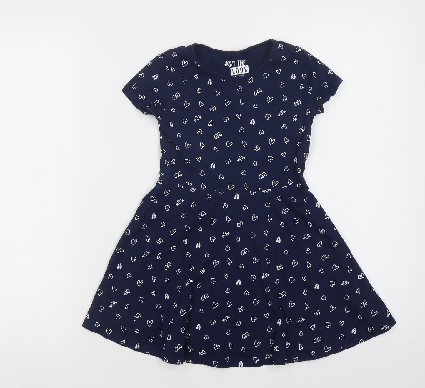 F&F Girls Blue Geometric Cotton A-Line  Size 6-7 Years  Crew Neck  - Heart Print