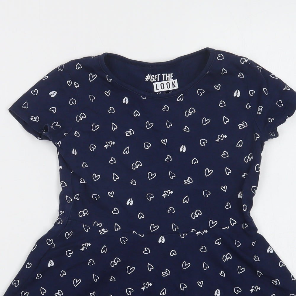 F&F Girls Blue Geometric Cotton A-Line  Size 6-7 Years  Crew Neck  - Heart Print