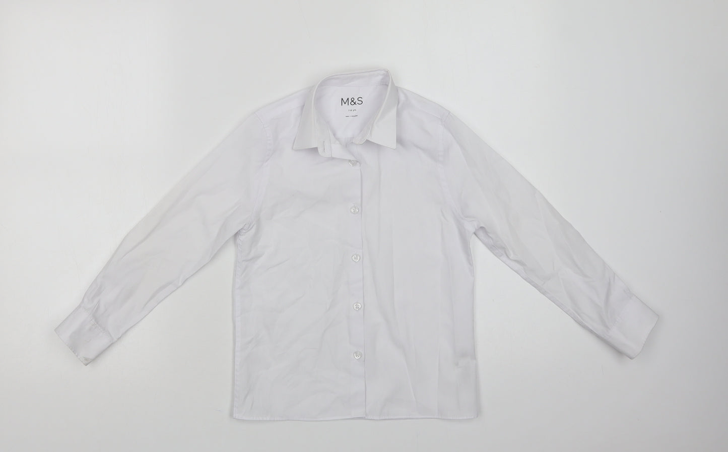 Marks and Spencer Boys White  Polyester Basic Dress Shirt Size 7-8 Years Collared Button - School Wear