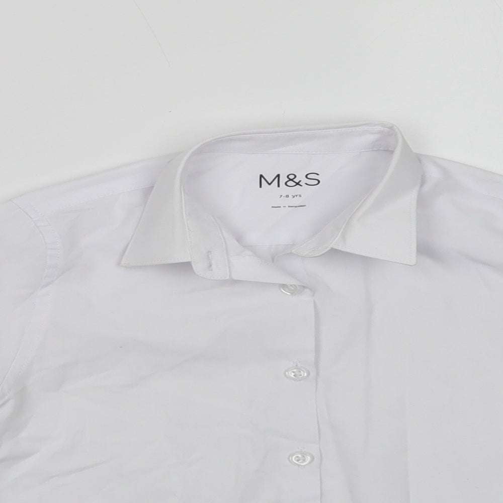 Marks and Spencer Boys White  Polyester Basic Dress Shirt Size 7-8 Years Collared Button - School Wear