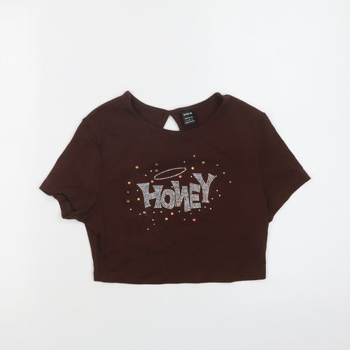 SheIn Womens Brown  Cotton Cropped Blouse Size S Crew Neck - Honey