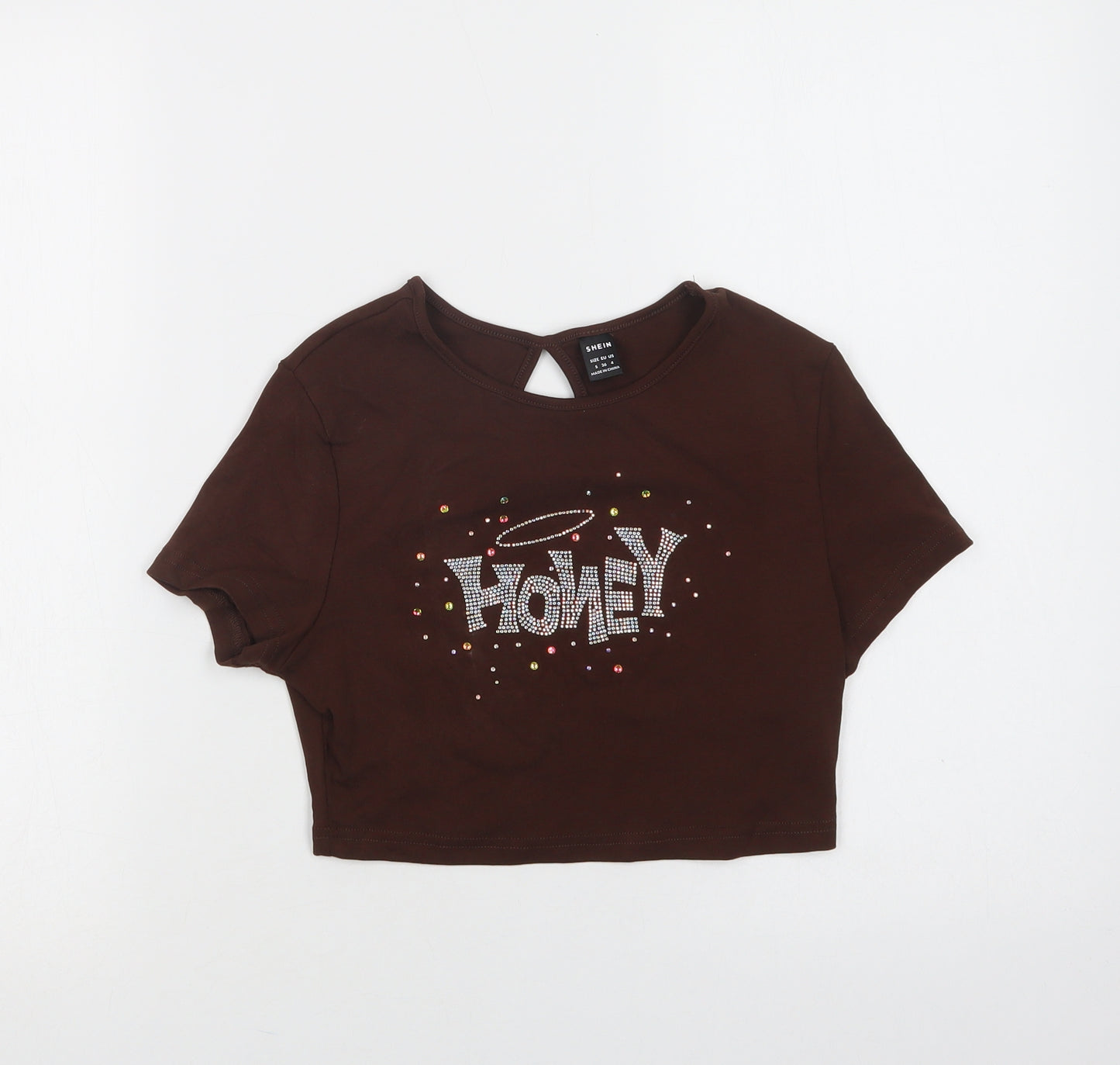 SheIn Womens Brown  Cotton Cropped Blouse Size S Crew Neck - Honey