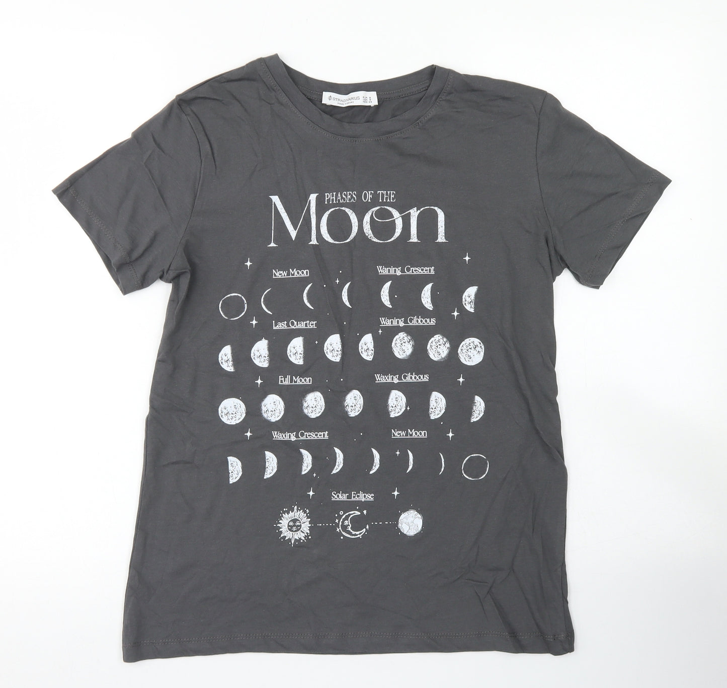 Stradivarius Womens Grey  Cotton Basic T-Shirt Size S Crew Neck - Phases Of The Moon