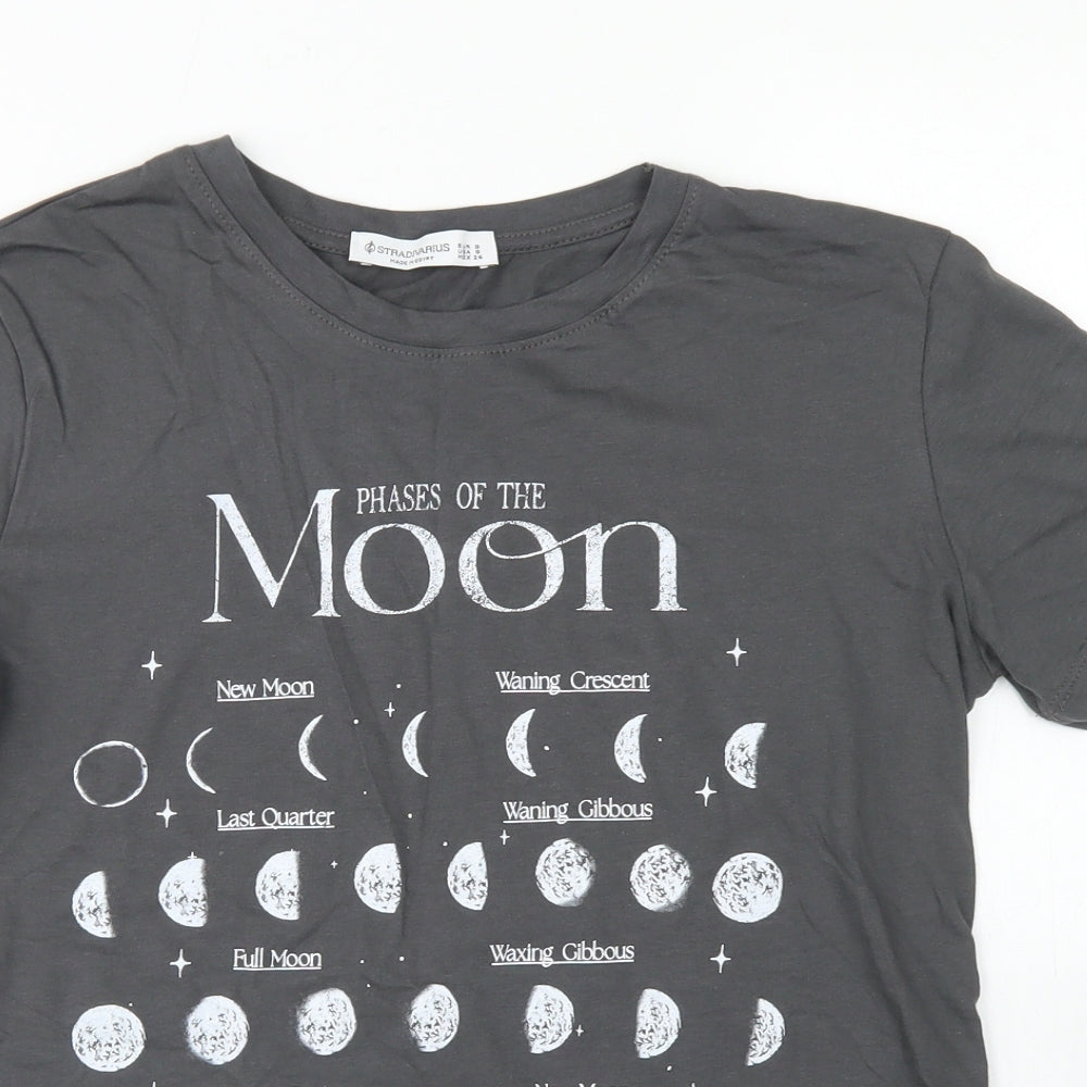 Stradivarius Womens Grey  Cotton Basic T-Shirt Size S Crew Neck - Phases Of The Moon