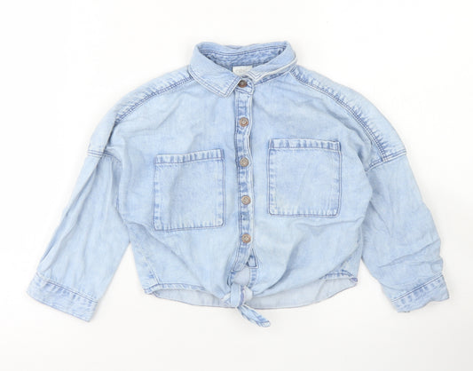 Front view of Next girls’ blue cotton cropped button-up, size 4, years collared button - tie front