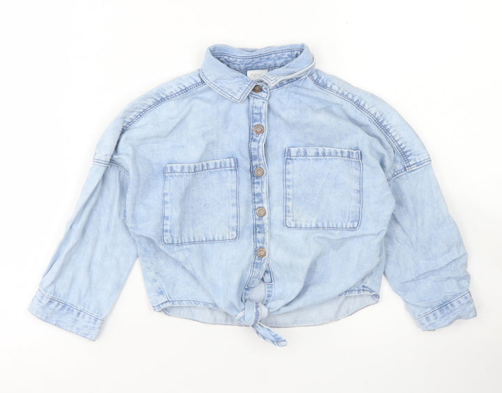 NEXT Girls Blue  Cotton Cropped Button-Up Size 4 Years Collared Button - Tie Front