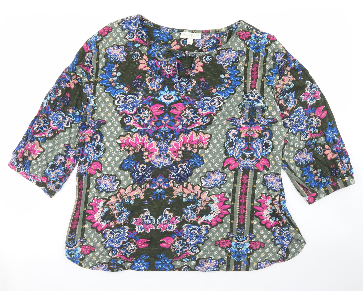 Monsoon Womens Green Floral Cotton Basic T-Shirt Size M Round Neck