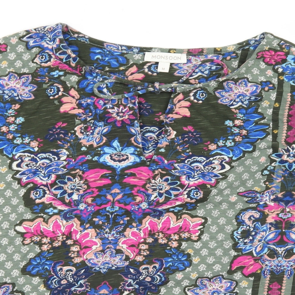 Monsoon Womens Green Floral Cotton Basic T-Shirt Size M Round Neck
