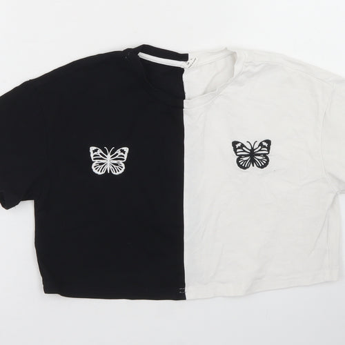 SheIn Girls Black Colourblock Cotton Cropped T-Shirt Size 8 Years Crew Neck  - butterflies