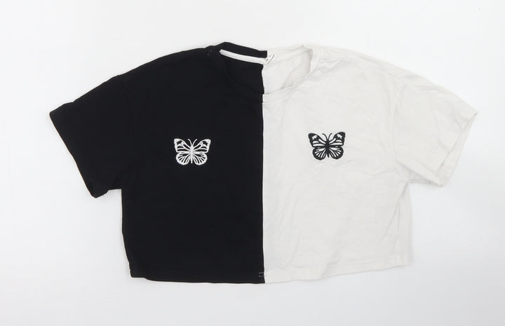 SheIn Girls Black Colourblock Cotton Cropped T-Shirt Size 8 Years Crew Neck  - butterflies
