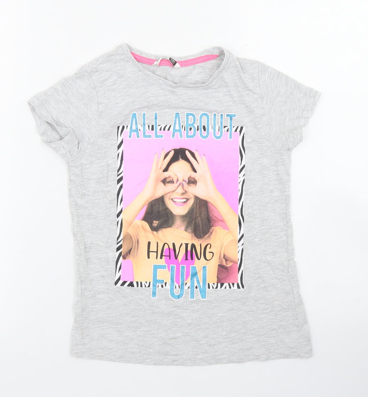 Pep & Co Girls Grey  Cotton Basic T-Shirt Size 7-8 Years Crew Neck  - All about having fun