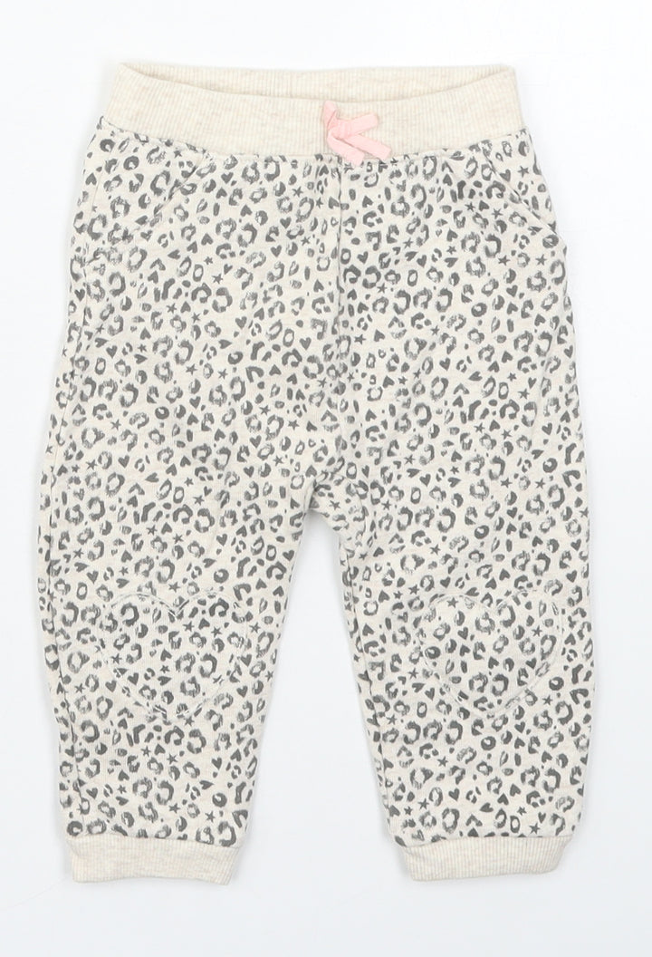 George Girls Beige Animal Print Cotton Sweatpants Trousers Size 6-9 Months