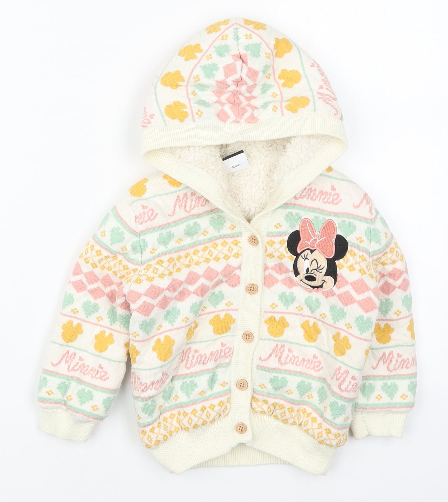 George Girls Multicoloured High Neck Geometric Cotton Cardigan Jumper Size 2-3 Years  Button - Minnie Mouse