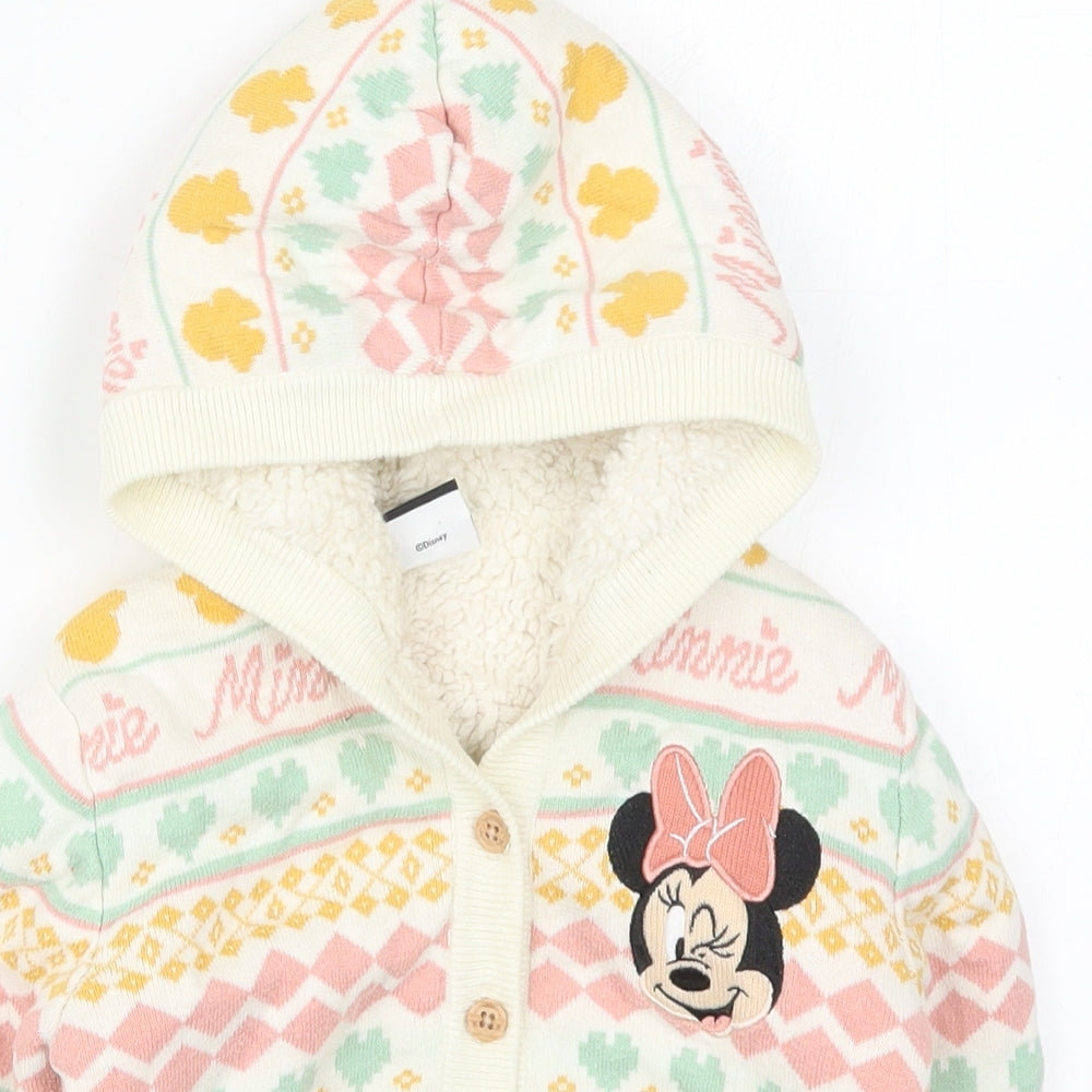George Girls Multicoloured High Neck Geometric Cotton Cardigan Jumper Size 2-3 Years  Button - Minnie Mouse