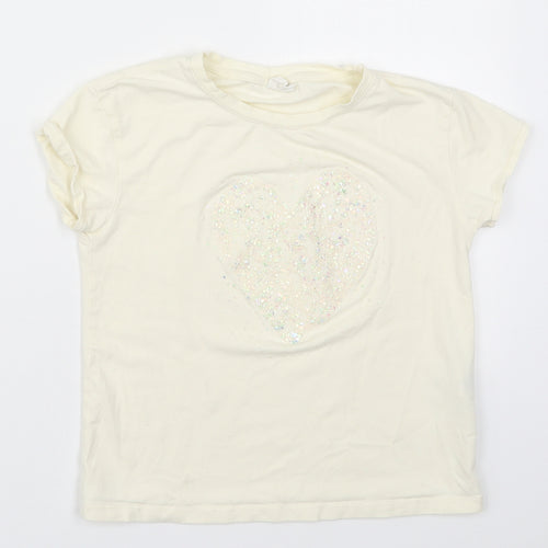Zara Girls Ivory  Cotton Basic T-Shirt Size 7 Years Crew Neck Pullover - Heart