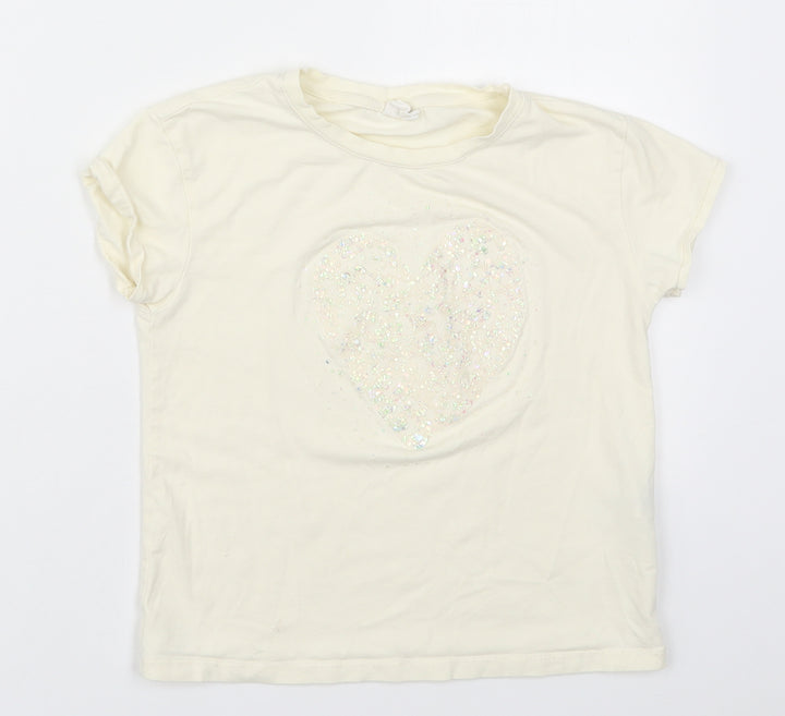 Zara Girls Ivory  Cotton Basic T-Shirt Size 7 Years Crew Neck Pullover - Heart
