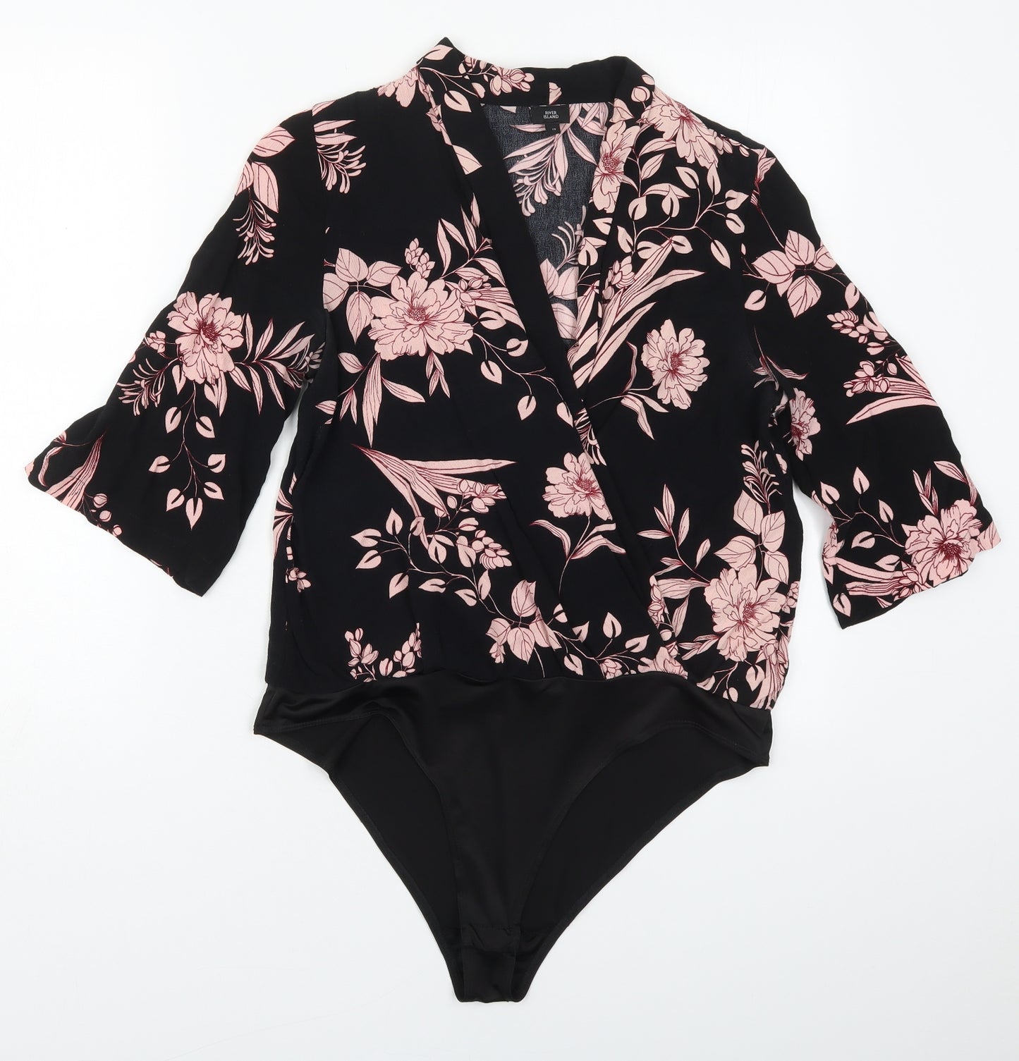 River Island Womens Black Floral Viscose Bodysuit One-Piece Size 12  Button - Pink Flowers