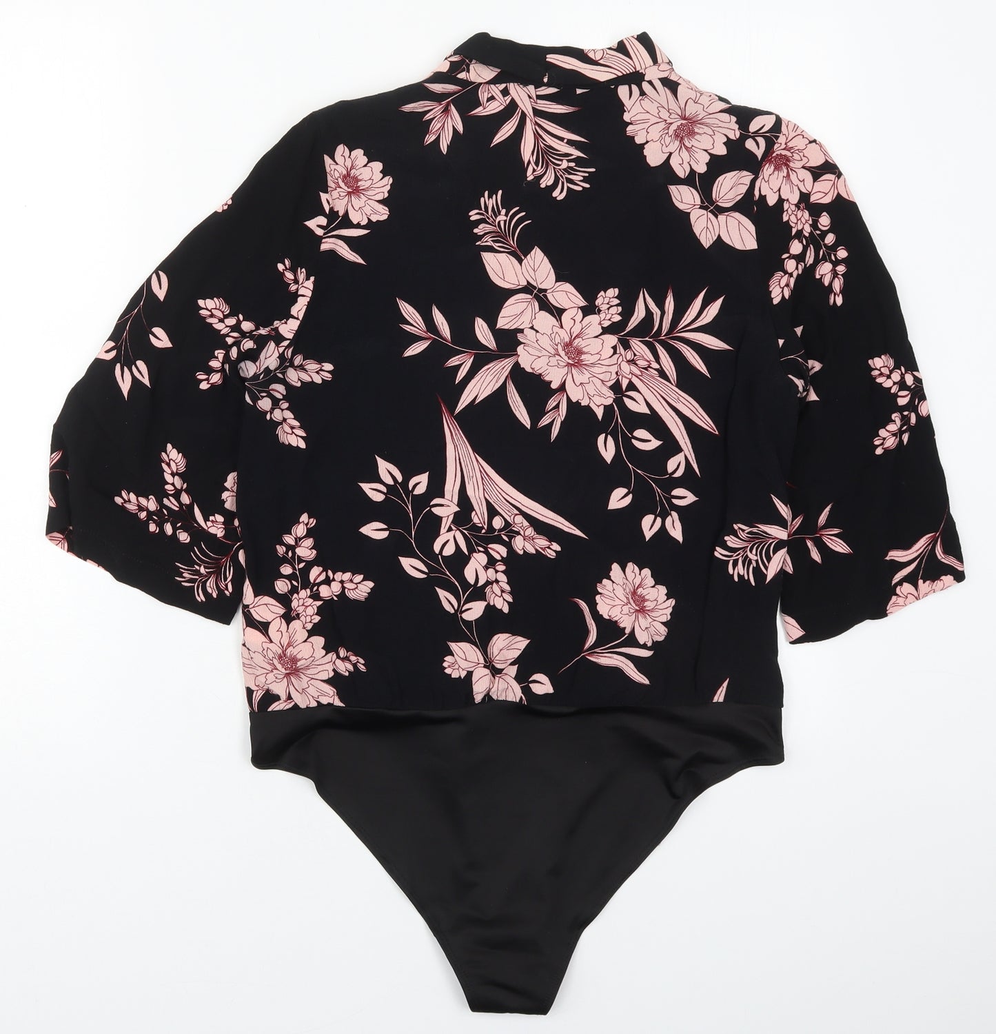 River Island Womens Black Floral Viscose Bodysuit One-Piece Size 12  Button - Pink Flowers