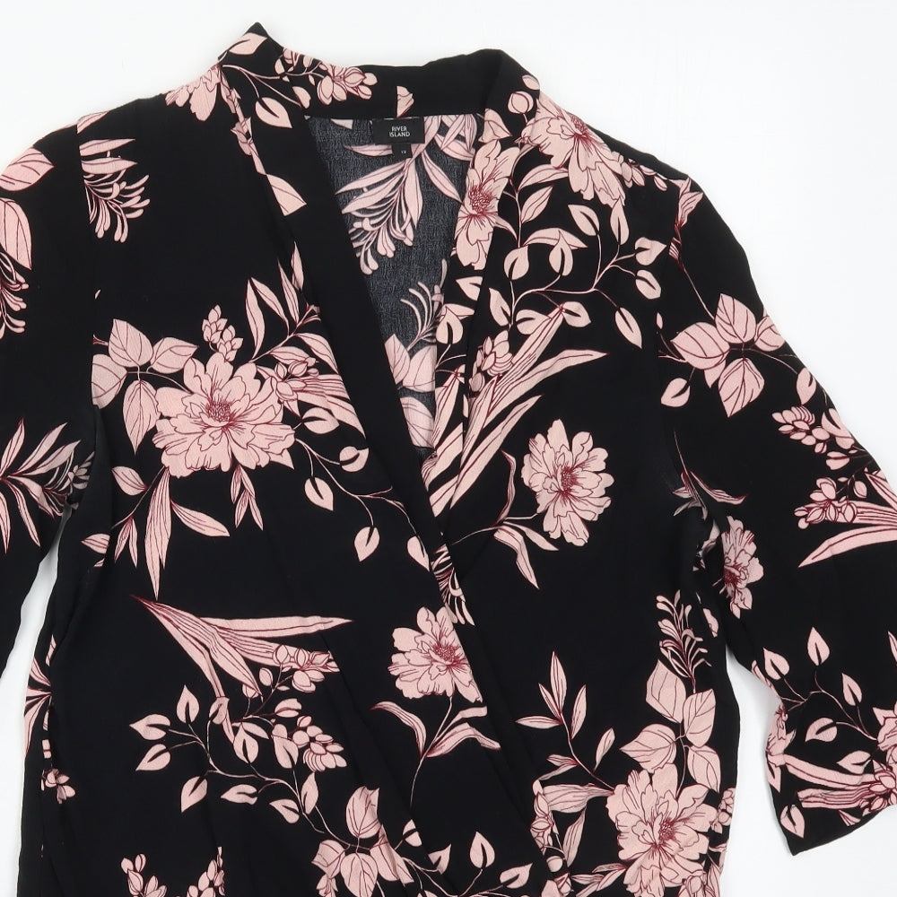 River Island Womens Black Floral Viscose Bodysuit One-Piece Size 12  Button - Pink Flowers