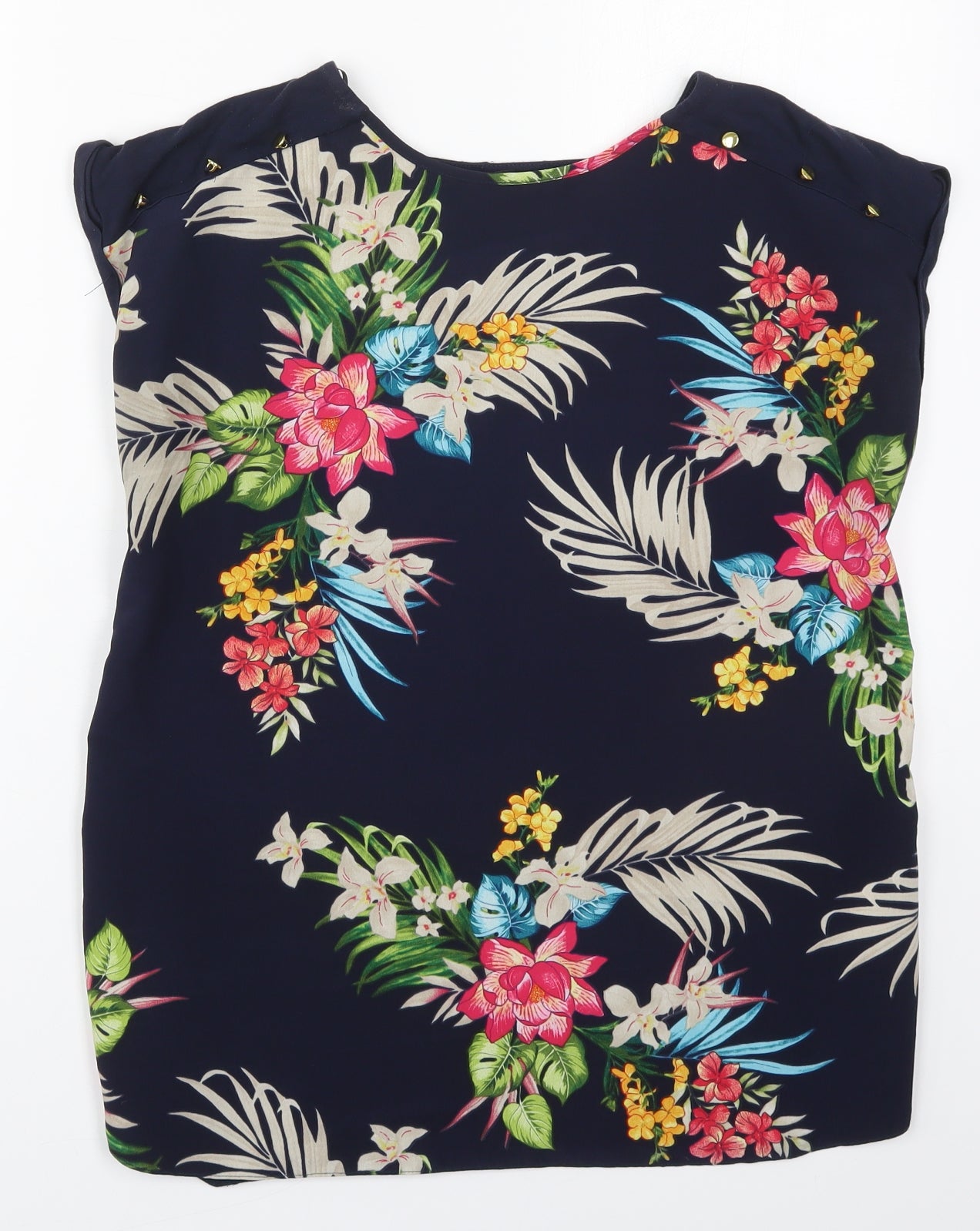 F&F Womens Blue Floral Viscose Basic T-Shirt Size 10 Round Neck