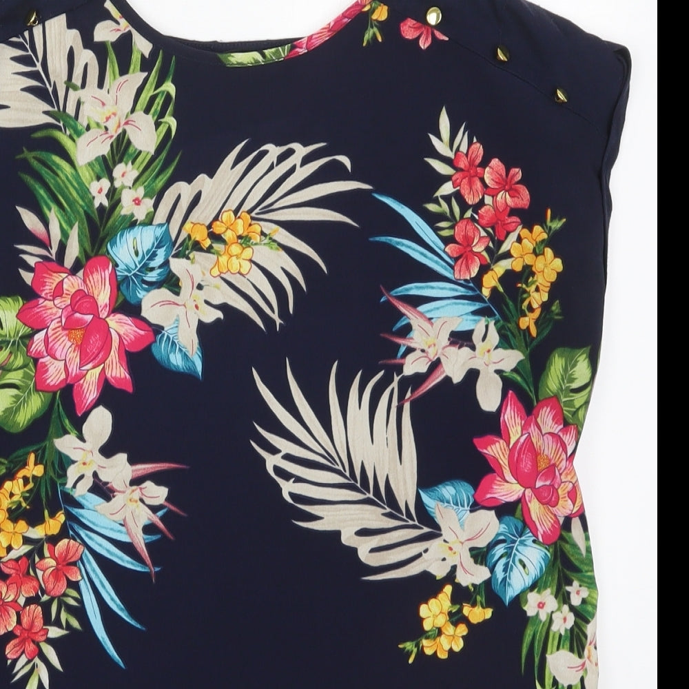 F&F Womens Blue Floral Viscose Basic T-Shirt Size 10 Round Neck