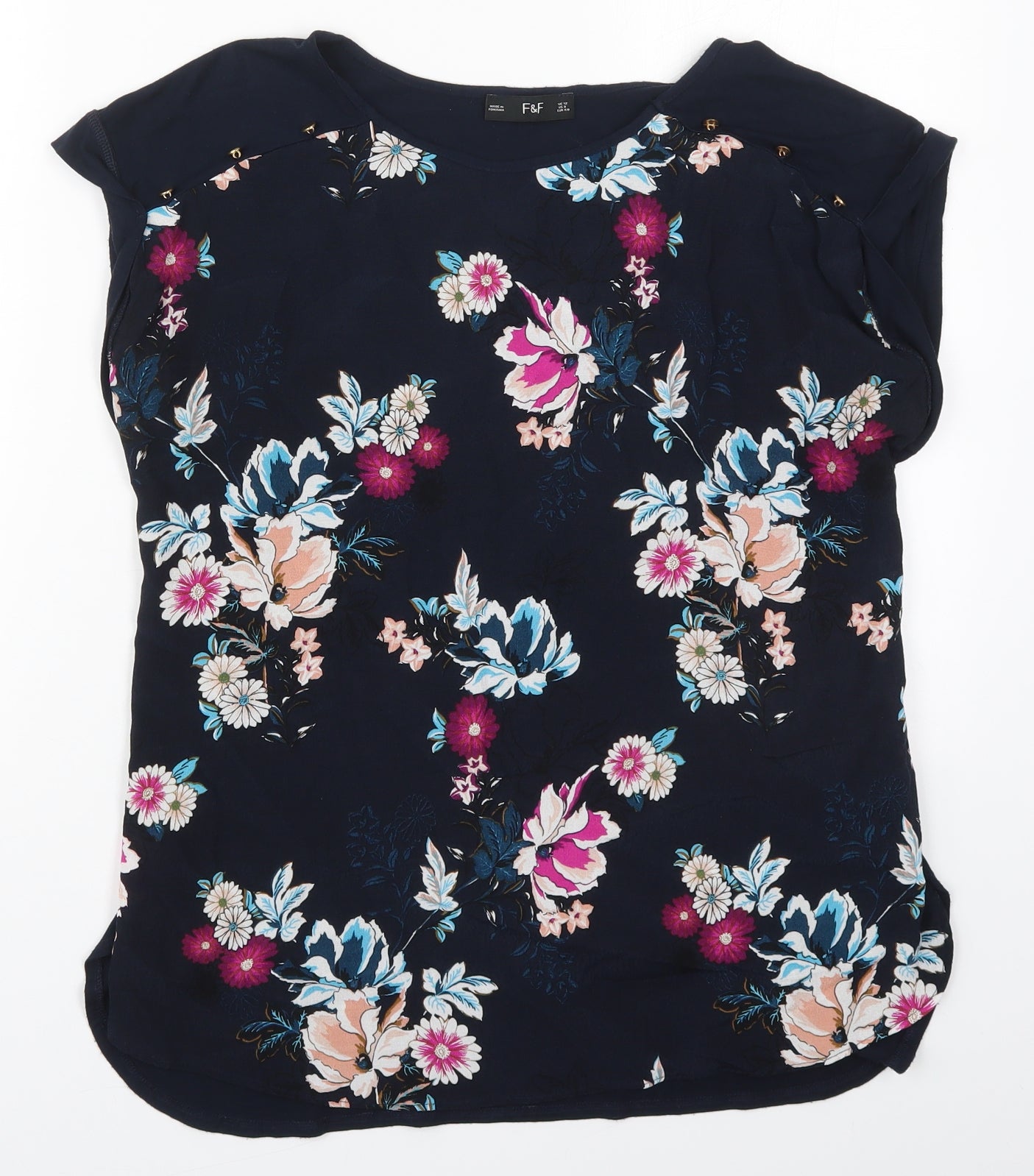 F&F Womens Blue Floral Viscose Basic T-Shirt Size 12 Round Neck