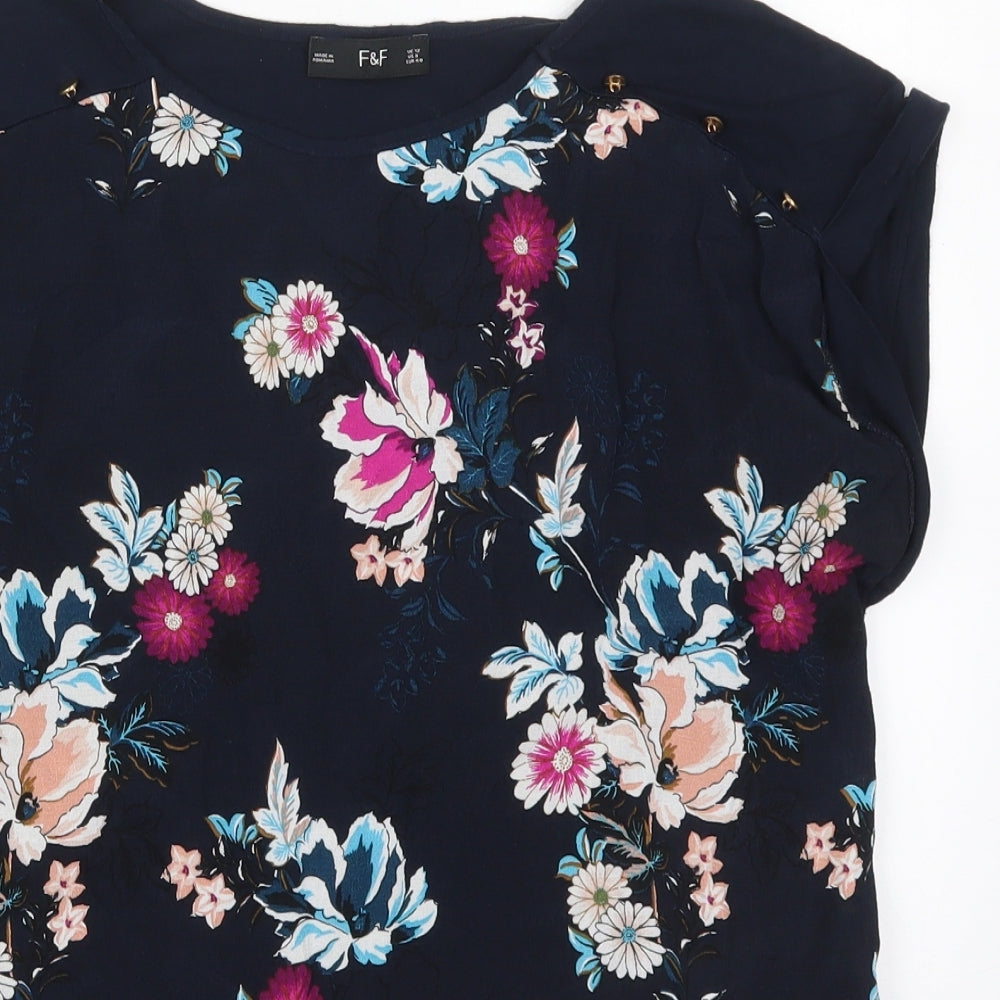F&F Womens Blue Floral Viscose Basic T-Shirt Size 12 Round Neck