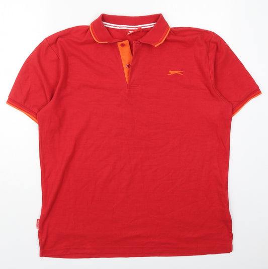 Front view of Slazenger men’s red polyester polo, size XL, collared pullover