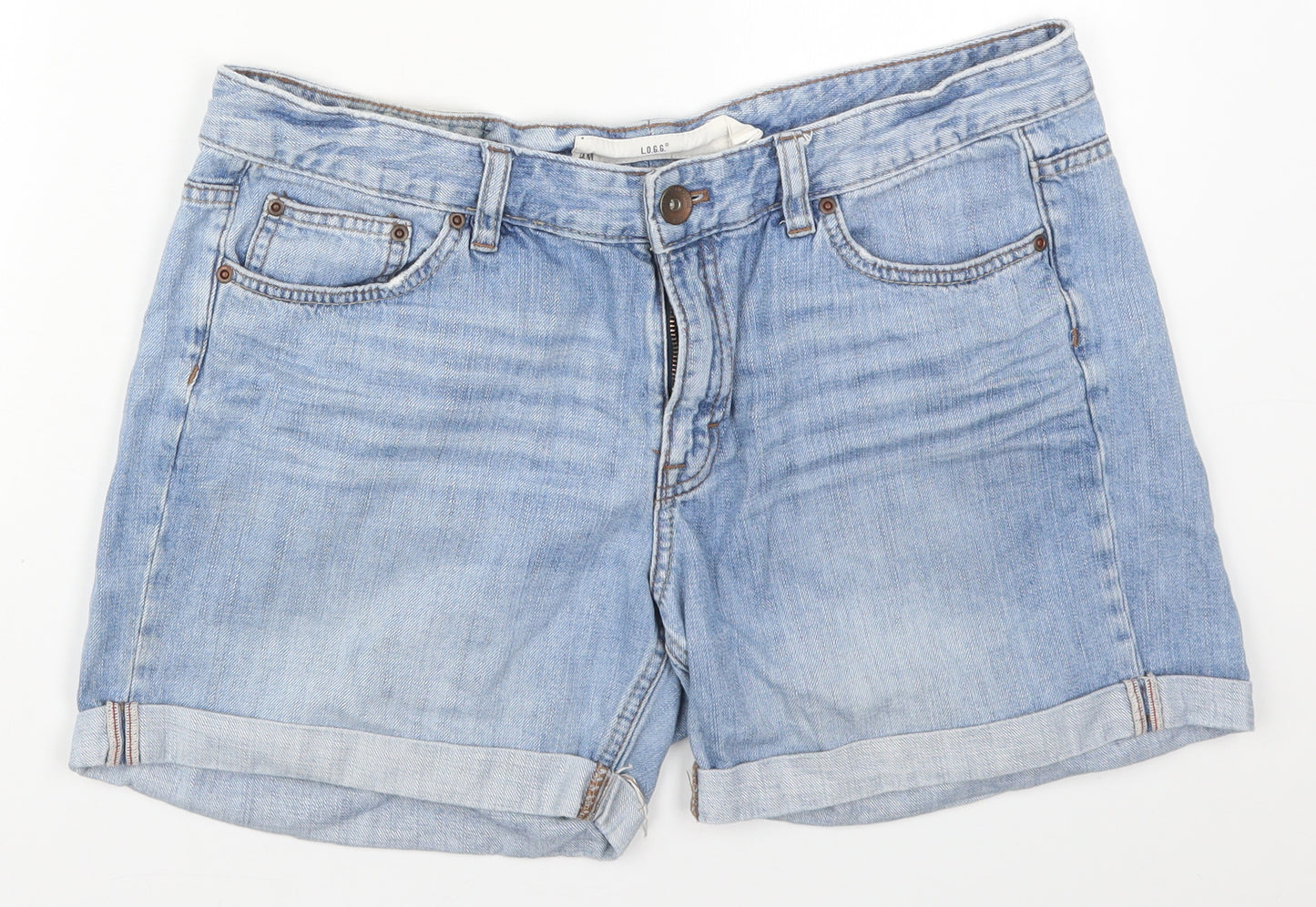 H&M Womens Blue  Cotton Mom Shorts Size 33 in L4 in Regular Button