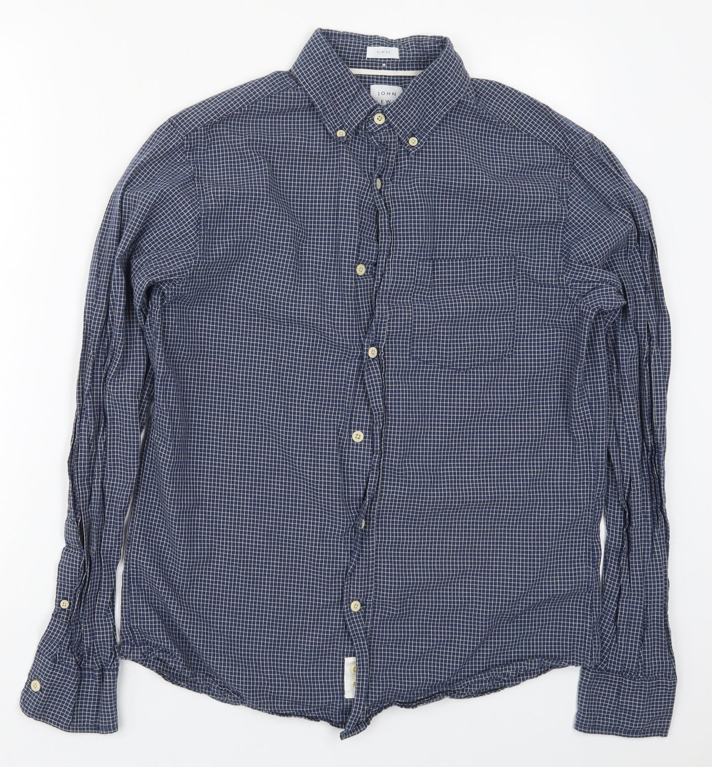 John Lewis Mens Blue Check Cotton  Button-Up Size M Collared Button