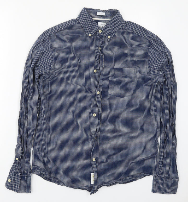 John Lewis Mens Blue Check Cotton  Button-Up Size M Collared Button