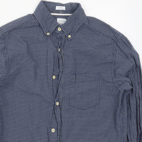 John Lewis Mens Blue Check Cotton  Button-Up Size M Collared Button