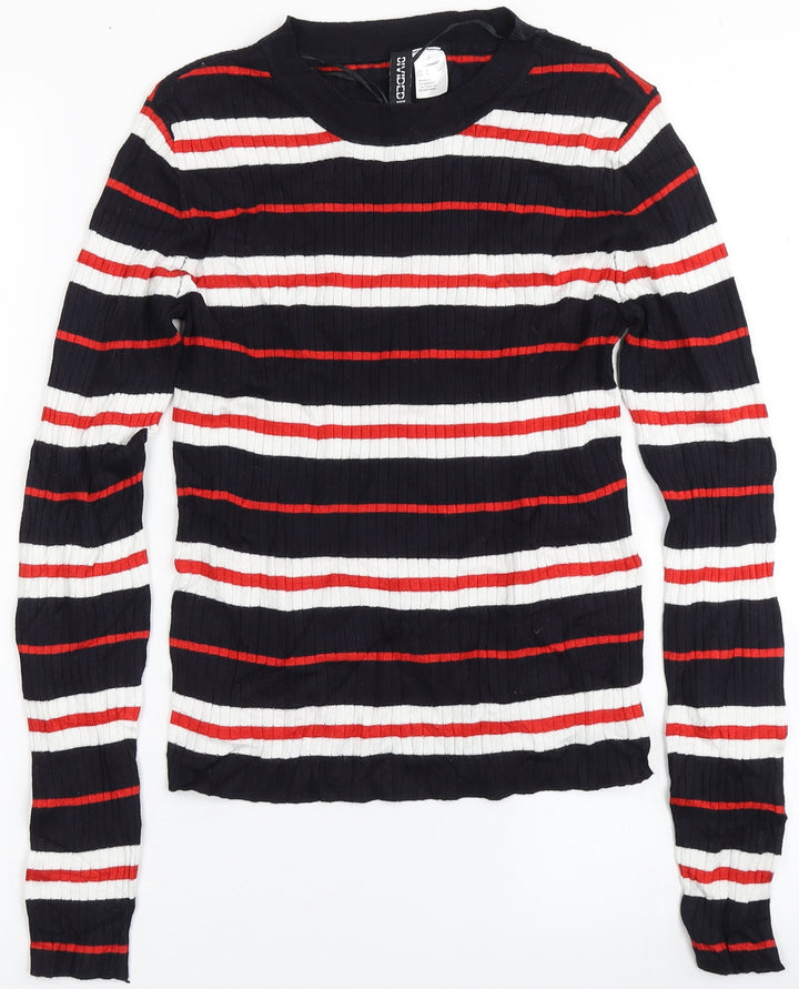 H&M Womens Blue Round Neck Striped Viscose Pullover Jumper Size S