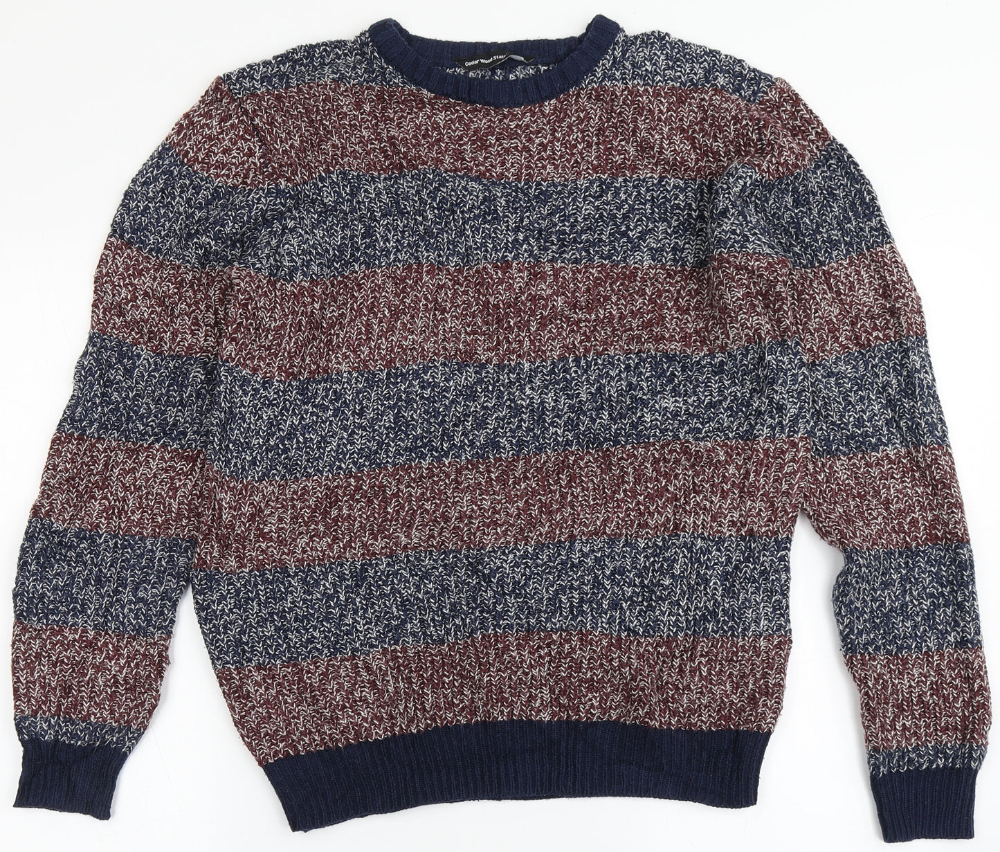 Cedar Wood State Mens Blue Round Neck Striped Acrylic Pullover Jumper Size S