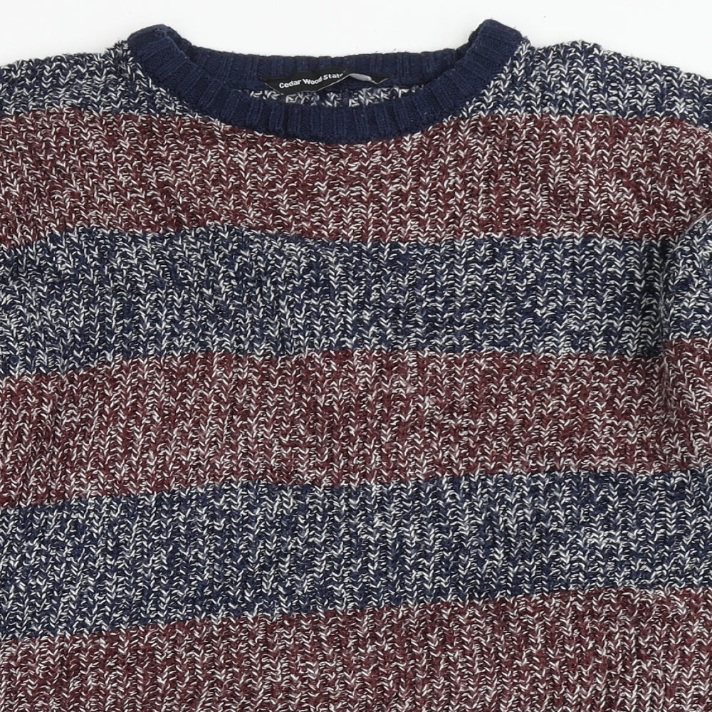 Cedar Wood State Mens Blue Round Neck Striped Acrylic Pullover Jumper Size S