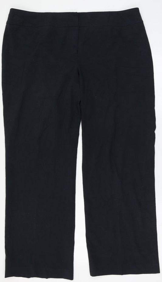 Front view of Autonomy women’s blue polyester trousers, size UK 18, 31-inch leg regular button