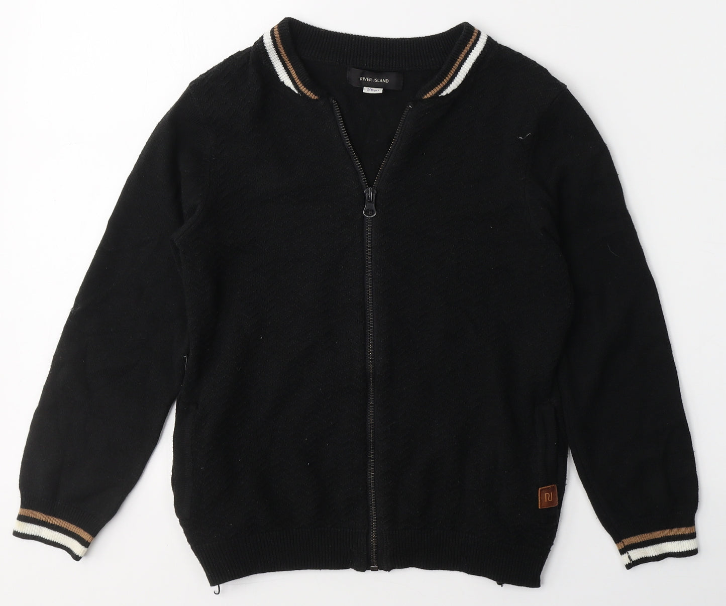River Island Boys Black Collared  Acrylic Full Zip Jumper Size 7-8 Years  Zip