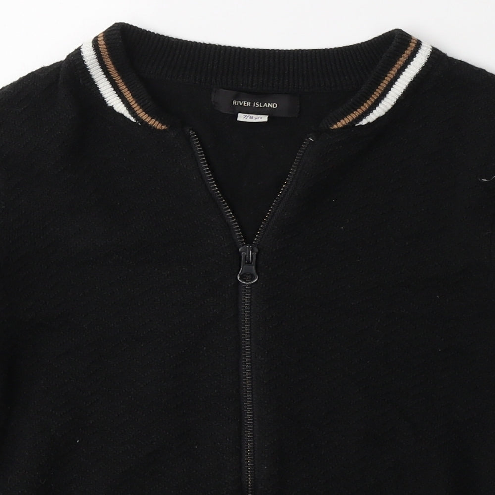 River Island Boys Black Collared  Acrylic Full Zip Jumper Size 7-8 Years  Zip