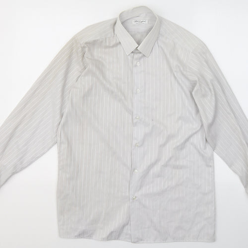 Peter England Mens Grey Striped Cotton  Button-Up Size 15.5 Collared Button