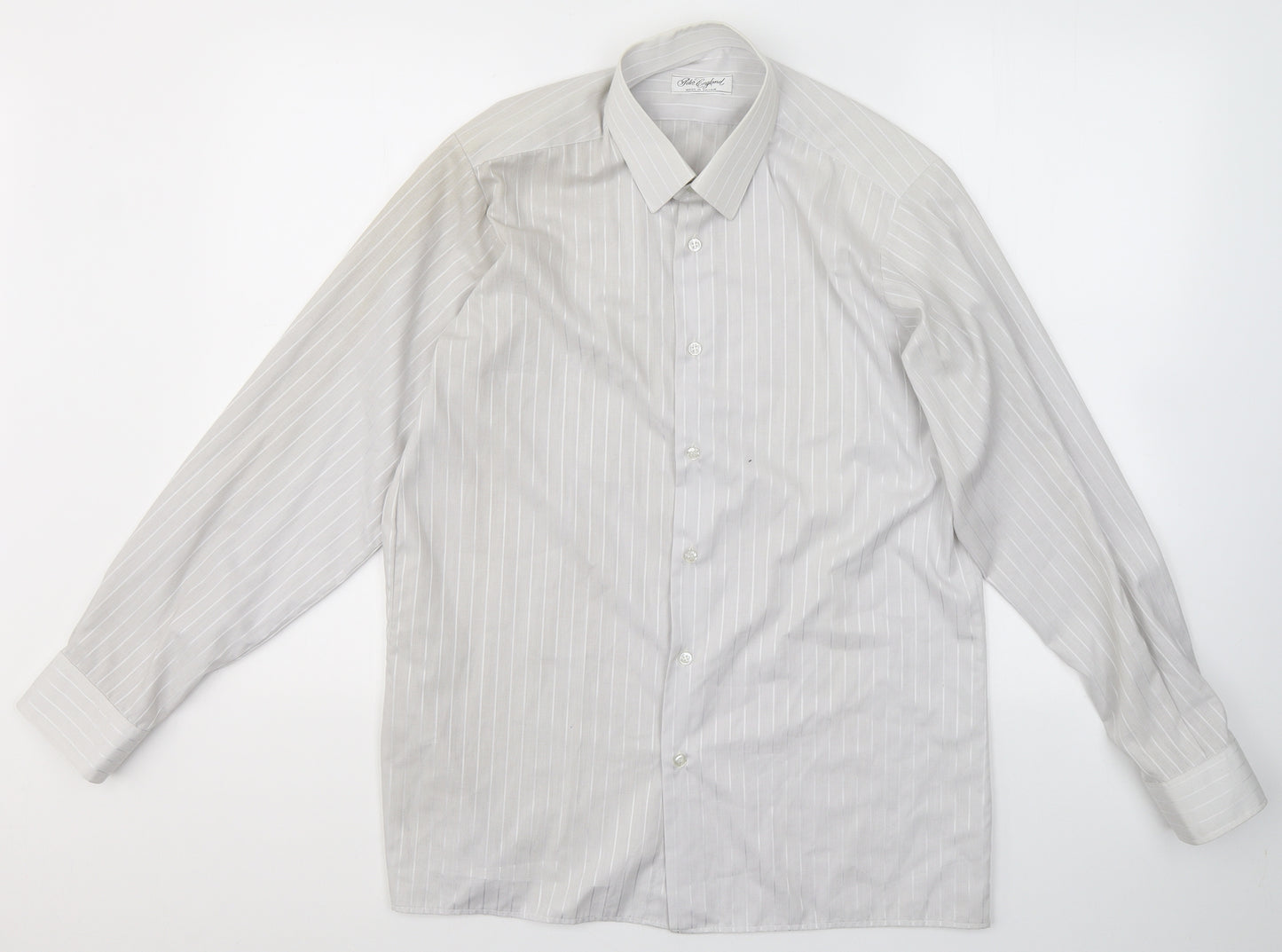 Peter England Mens Grey Striped Cotton  Button-Up Size 15.5 Collared Button