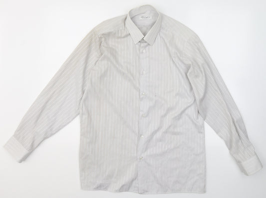 Front view of Peter England men’s grey striped cotton button-up, size 15.5 collared button
