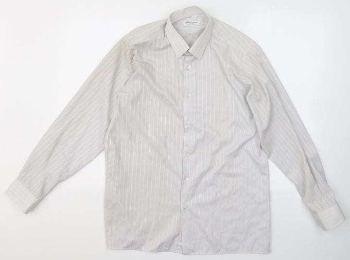 Peter England Mens Grey Striped Cotton  Button-Up Size 15.5 Collared Button