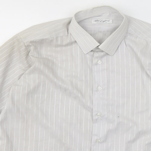 Peter England Mens Grey Striped Cotton  Button-Up Size 15.5 Collared Button