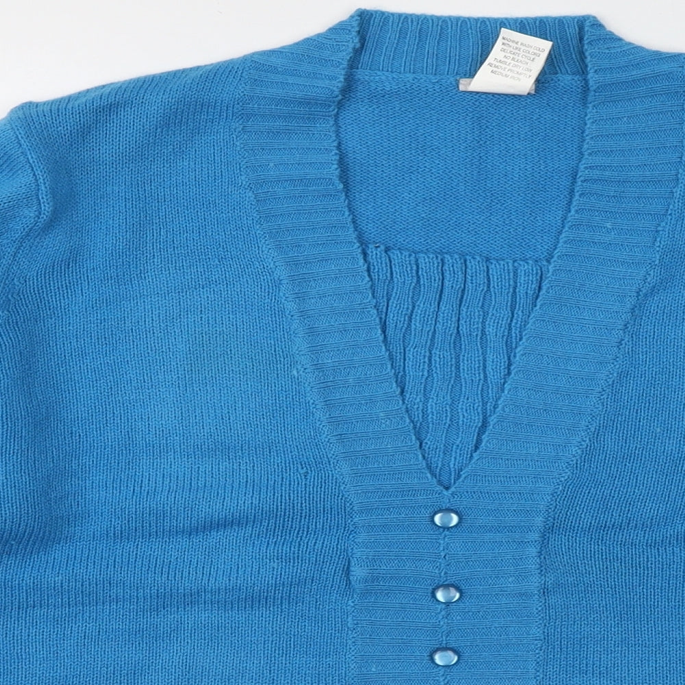 Preworn Womens Blue V-Neck  Acrylic Pullover Jumper Size L   - Cardigan effect