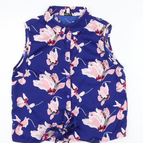 Brave Soul Womens Blue Floral Polyester Basic Blouse Size M Collared - Tie at bottom, button-up