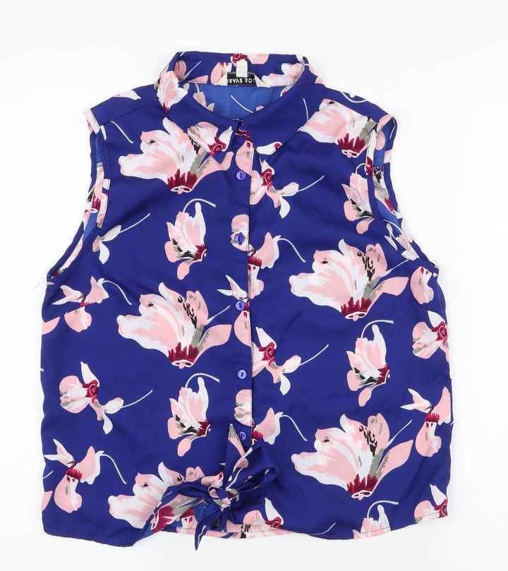 Brave Soul Womens Blue Floral Polyester Basic Blouse Size M Collared - Tie at bottom, button-up